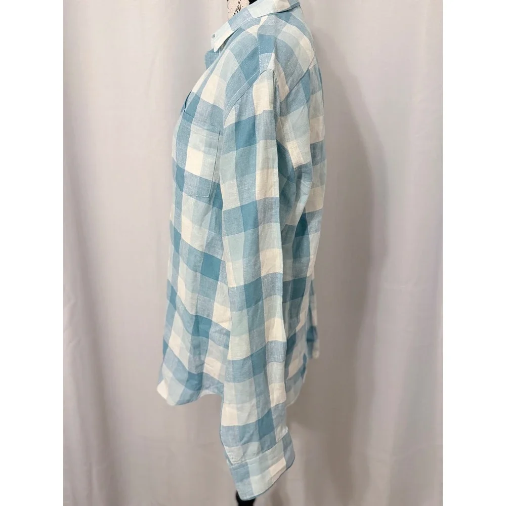 Banana Republic Camden Fit Linen Shirt Mens Small Blue White Buffalo Check Plaid